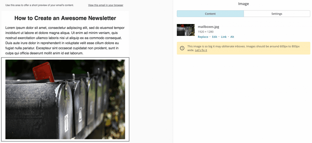 A notification stating the uploaded image is too wide.