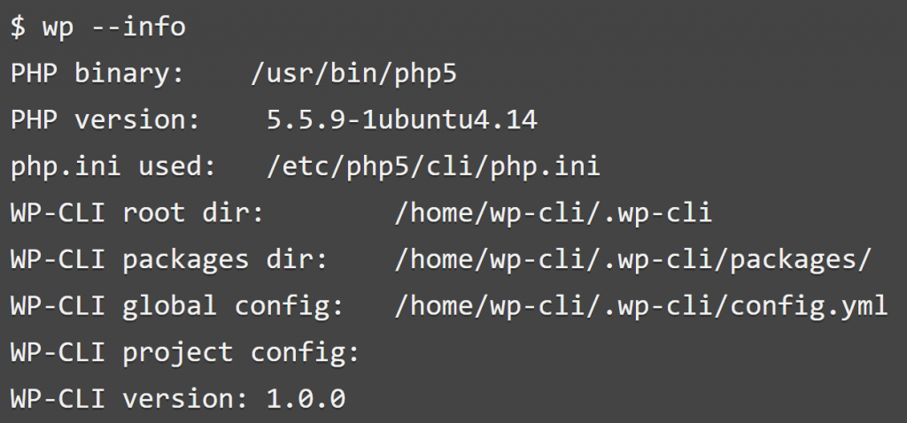 A screen showing our WP-CLI version and installation directory.