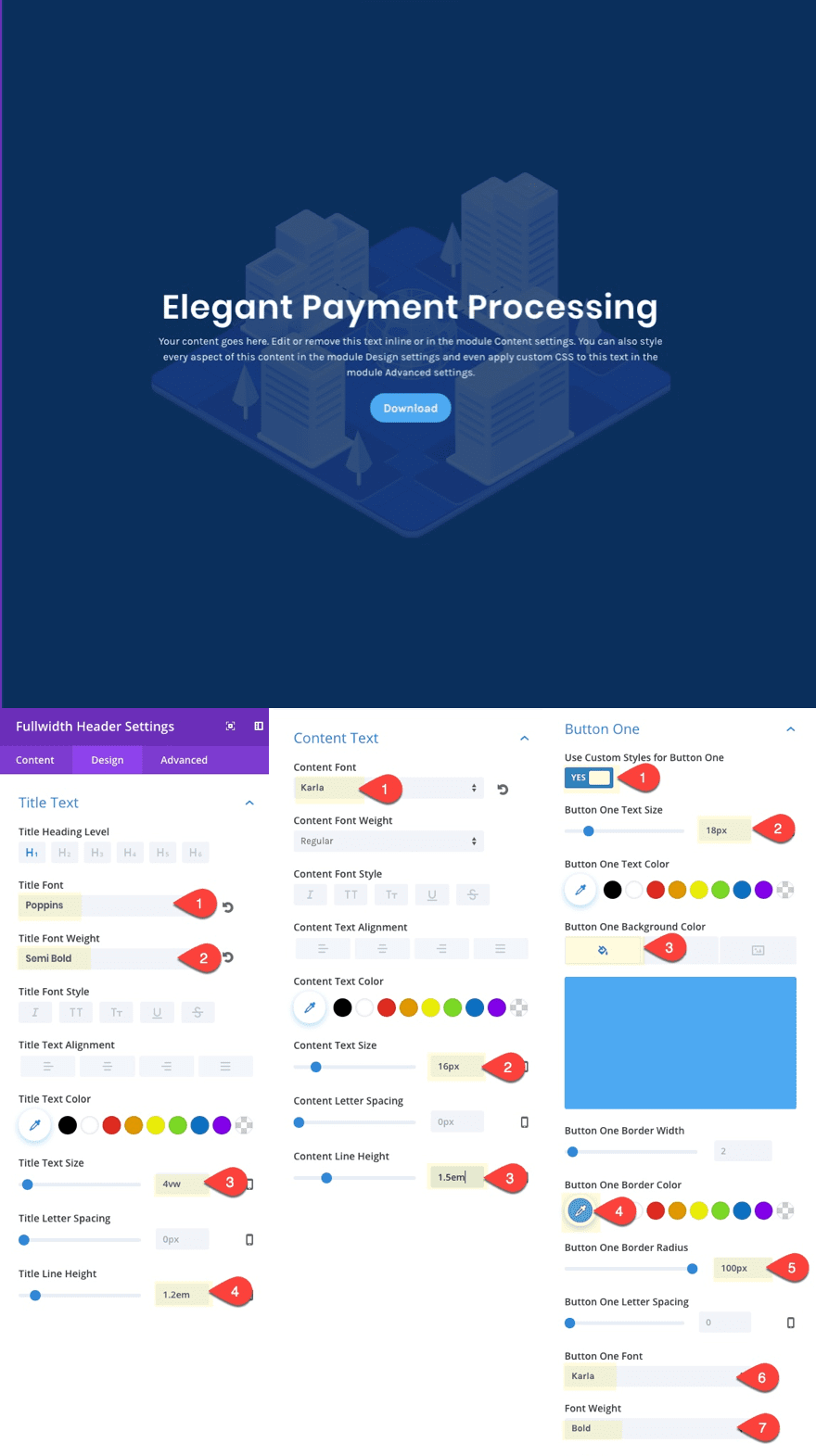 scroll button fullwidth header design settings