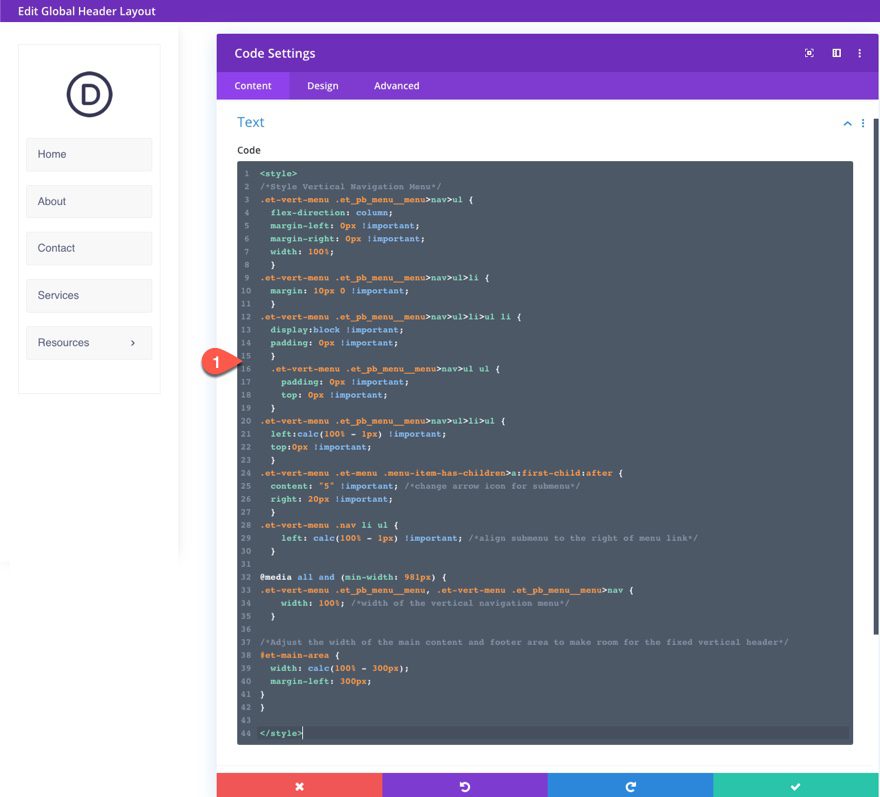 divi vertical navigation menu and header