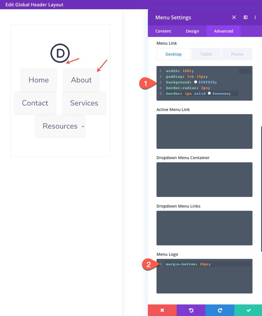 divi vertical navigation menu and header