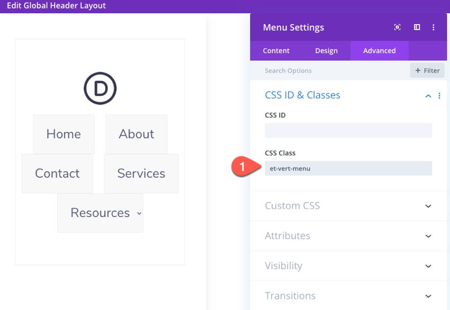 divi vertical navigation menu and header
