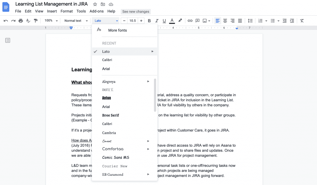 font list in google docs