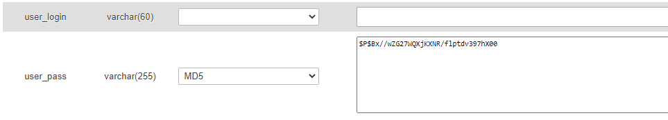 Modifying an user password using phpMyAdmin to resolve WordPress login issues.