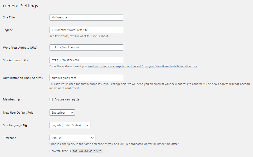 The WordPress General Settings screen.