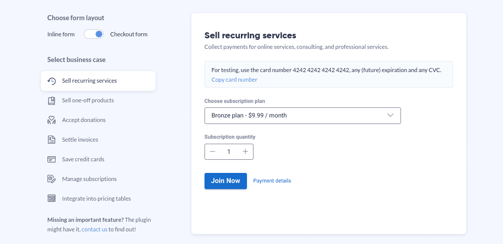 The WP Full Stripe plugin demo.