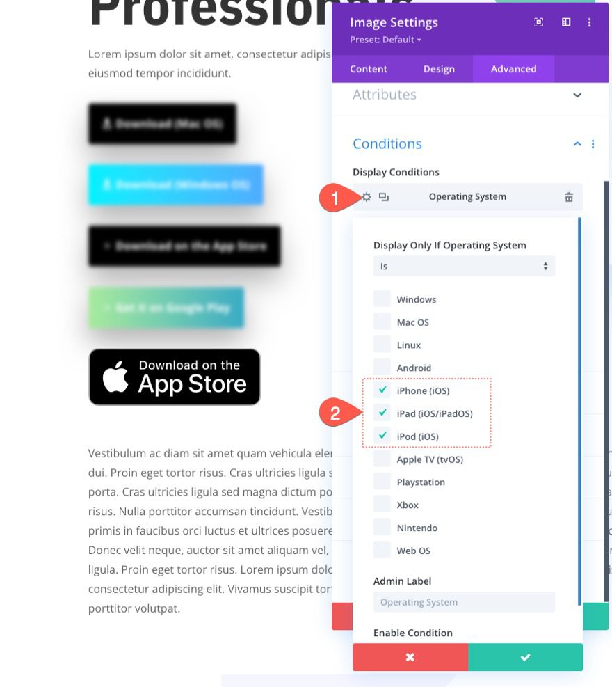 display download buttons for respective operating systems in divi