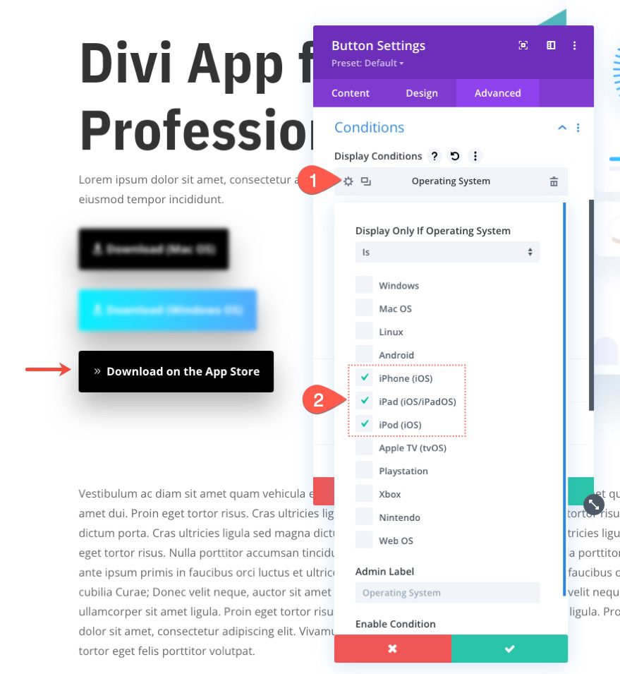 display download buttons for respective operating systems in divi