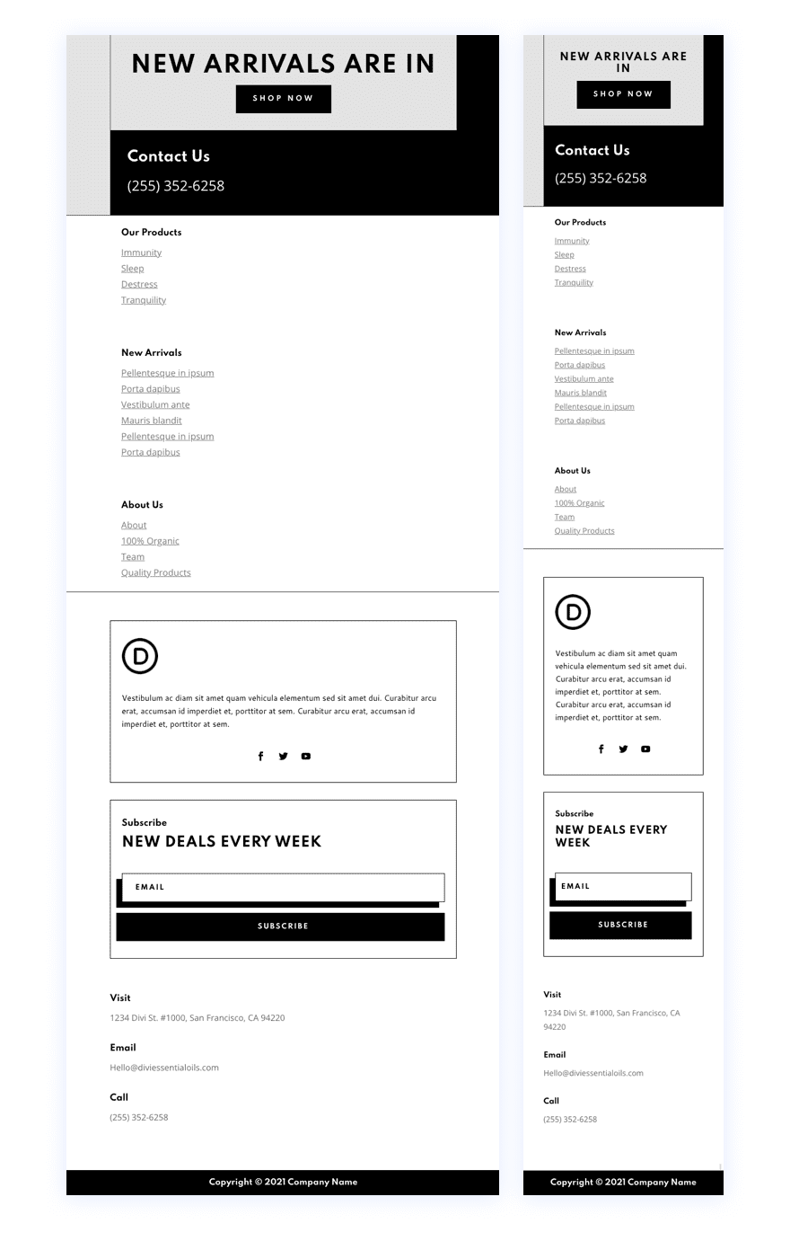 divi essential oils header footer