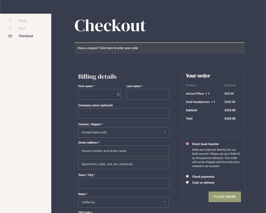 woocommerce checkout page template for Divi