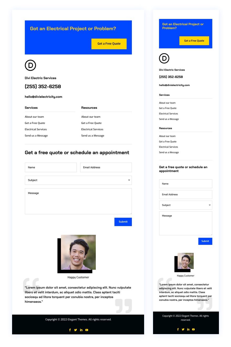header & footer template for Divi's Electrical Services Layout Pack