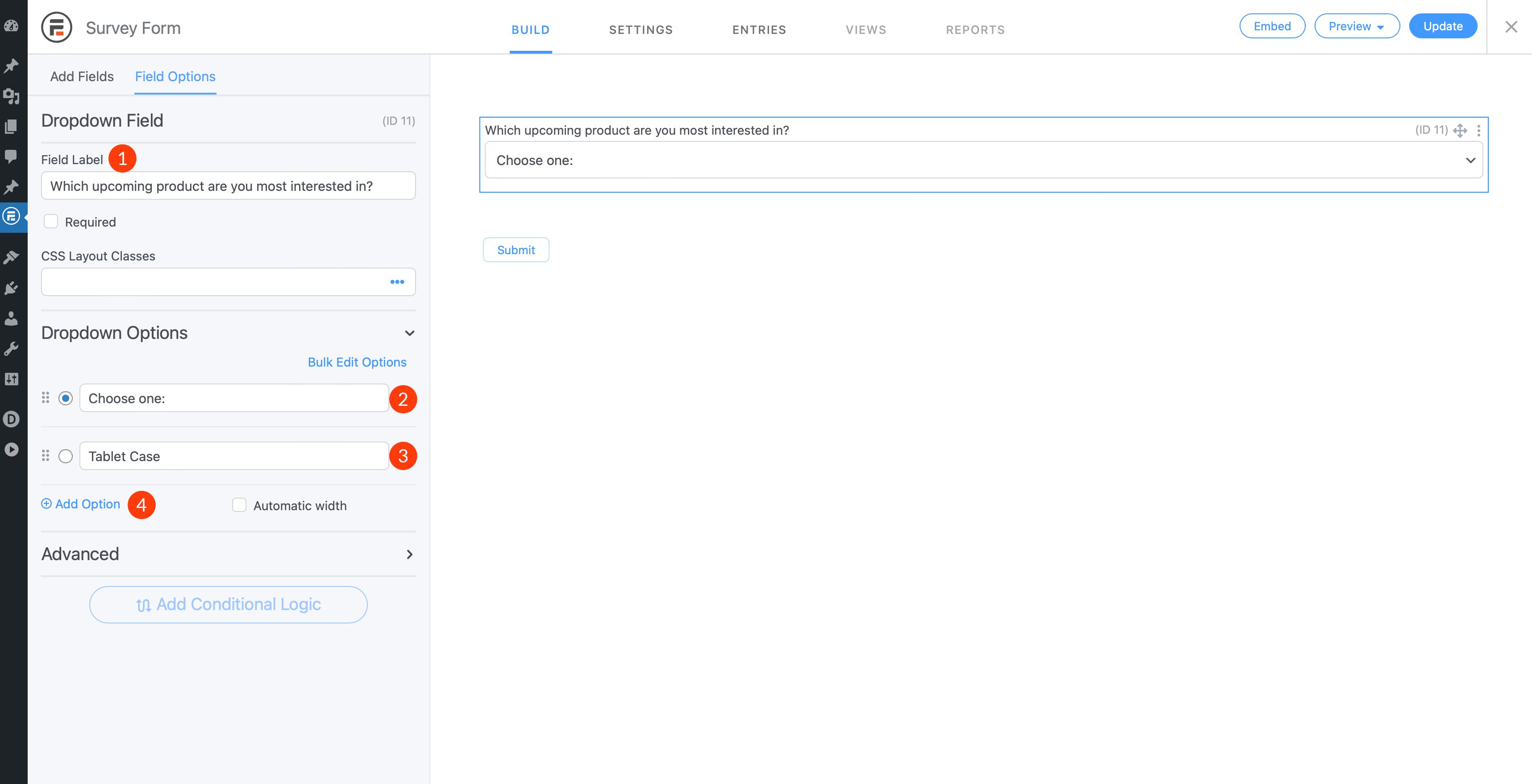 create a WordPress survey field options