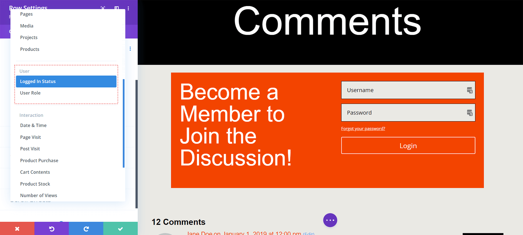 Activating logged in status display condition for the Login Module row