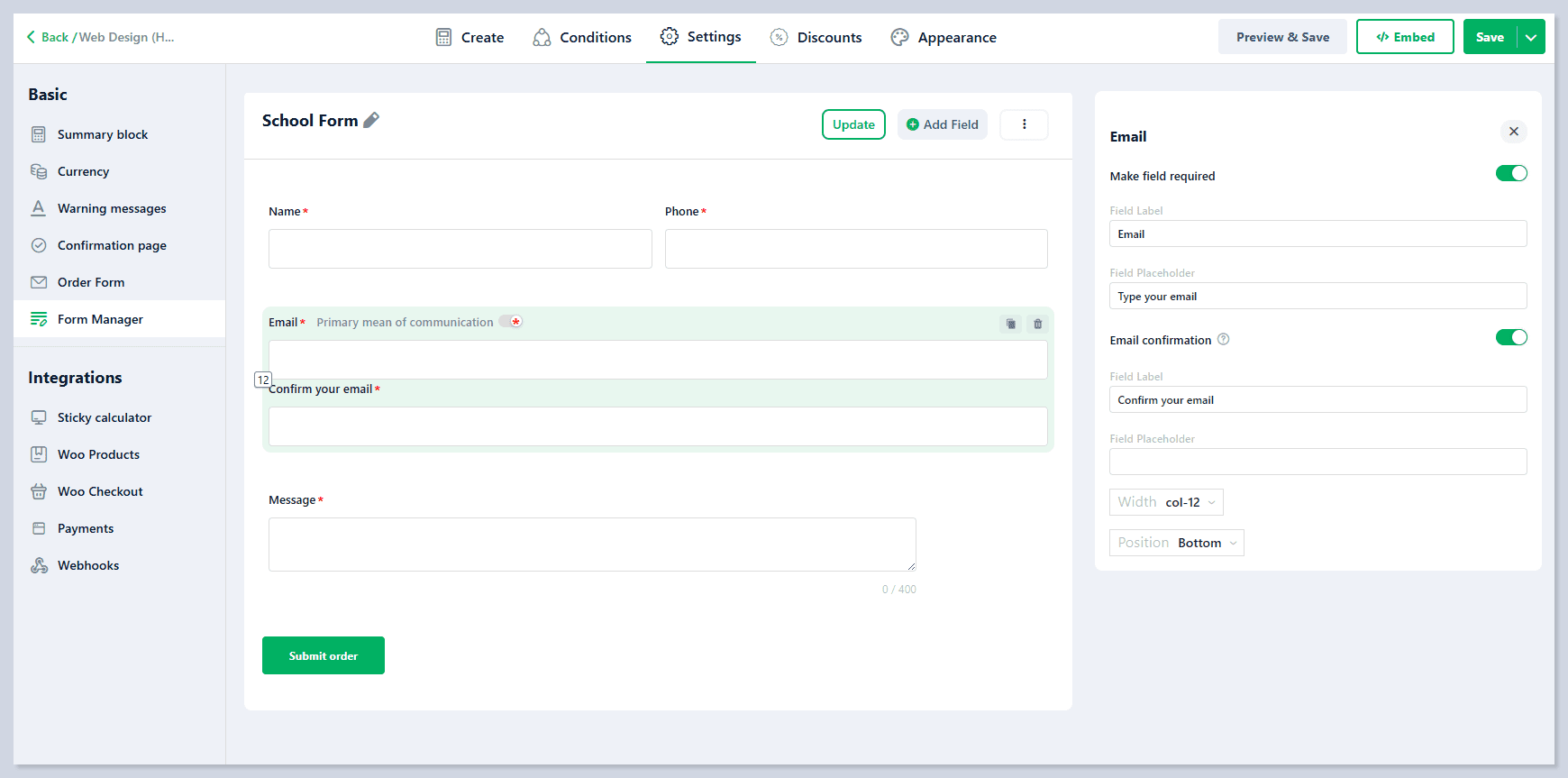 Cost Calculator Form Builder Admin Dash