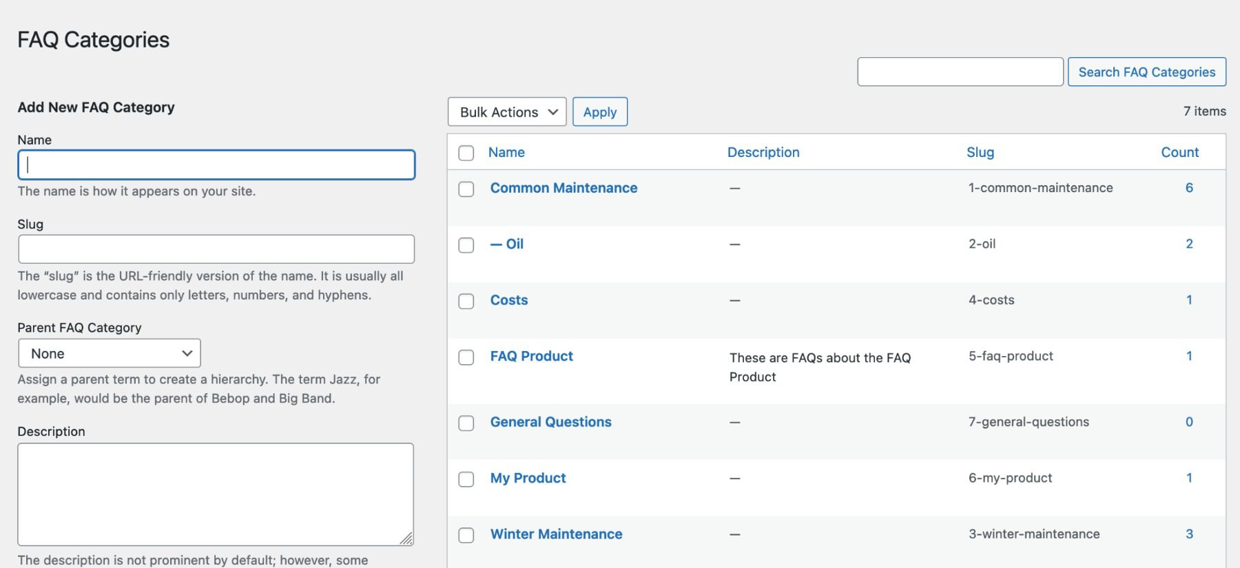 FAQ catergories page