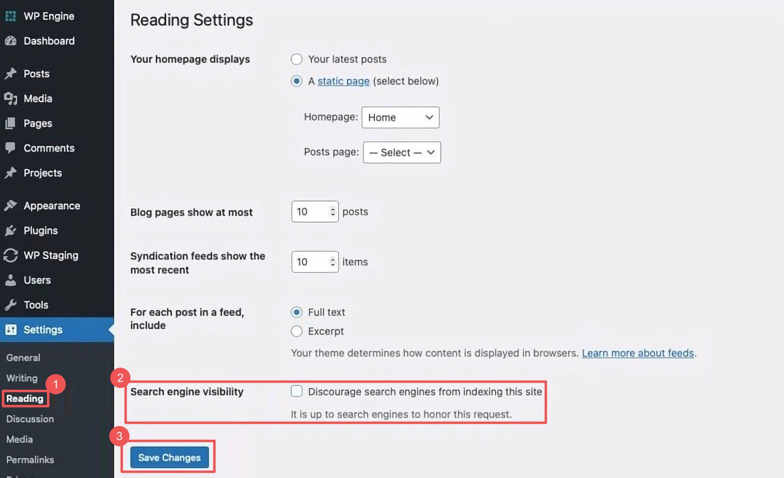 Discourage Search Visibility - WordPress Reading Settings