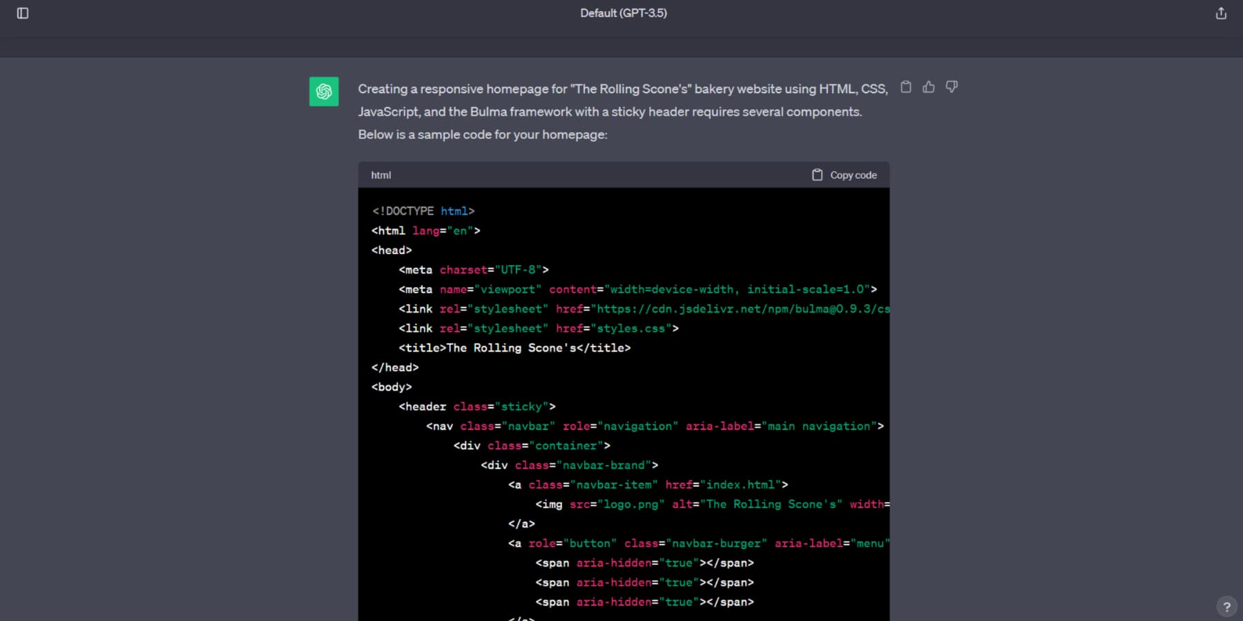 A screenshot of ChatGPT generating code for a Bakery website's homepage