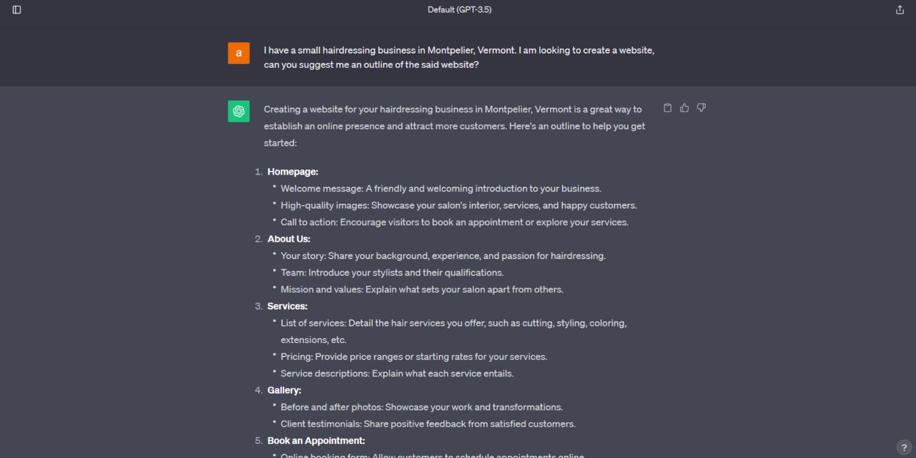 A screenshot of ChatGPT suggesting the outline of a website for a hairdresser's website