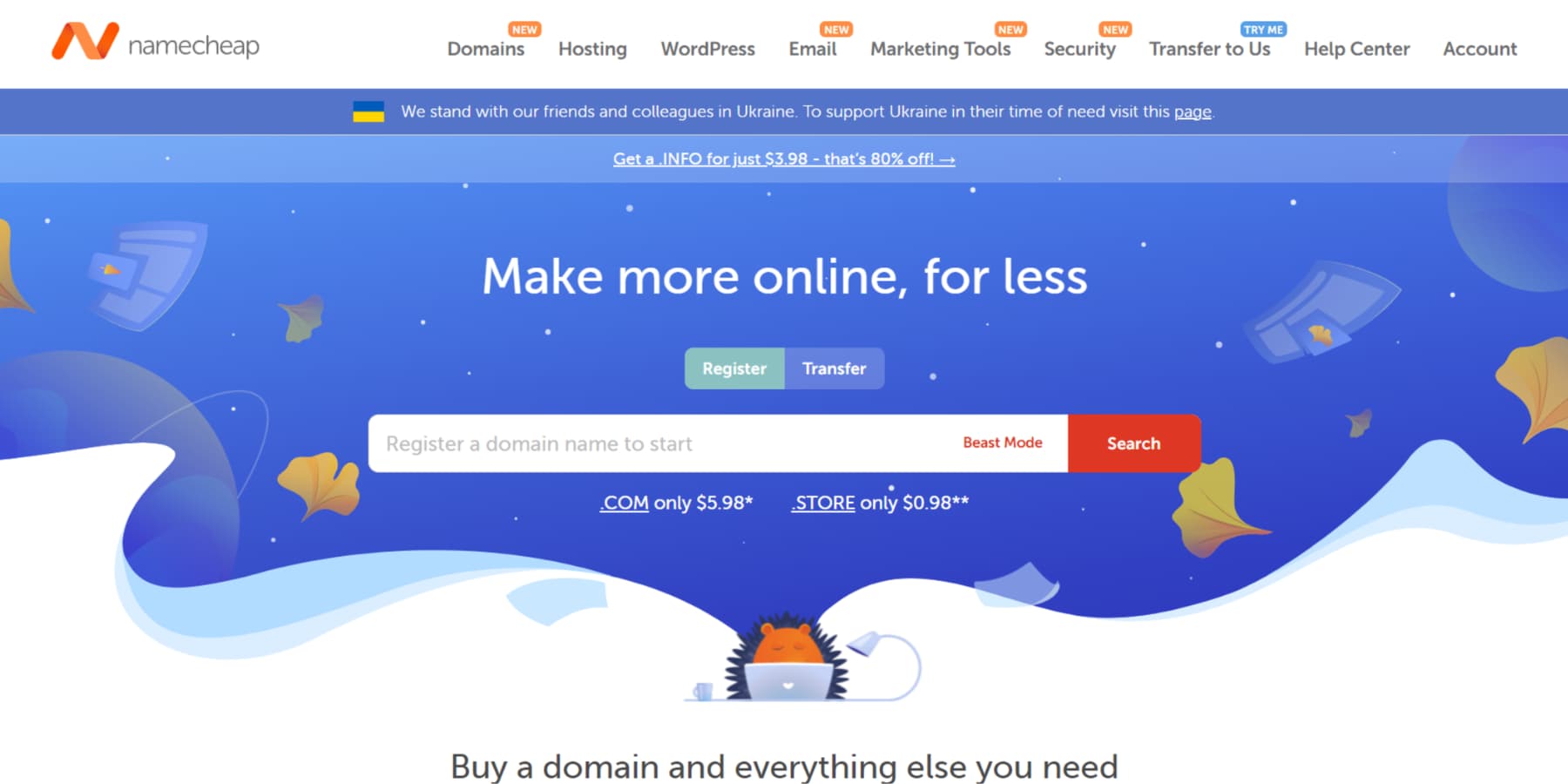 A screenshot of Namecheap's homepage