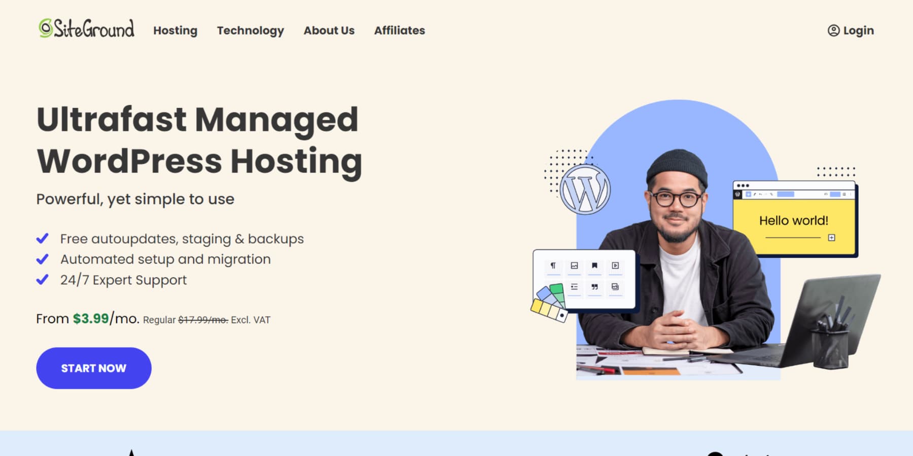 A screenshot of Siteground's WordPress services homepage