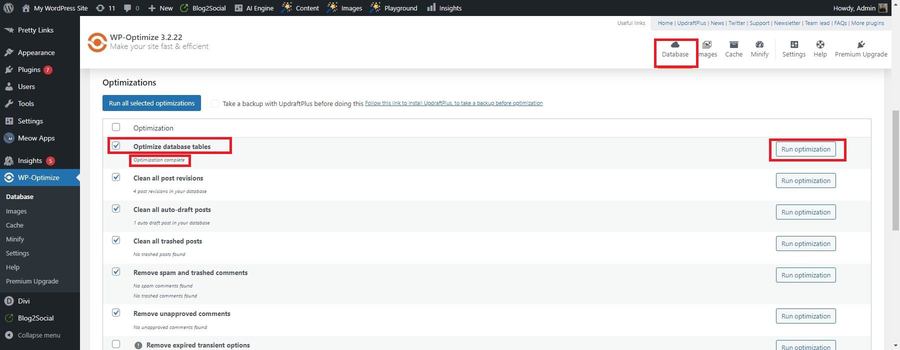 wp-optimize database