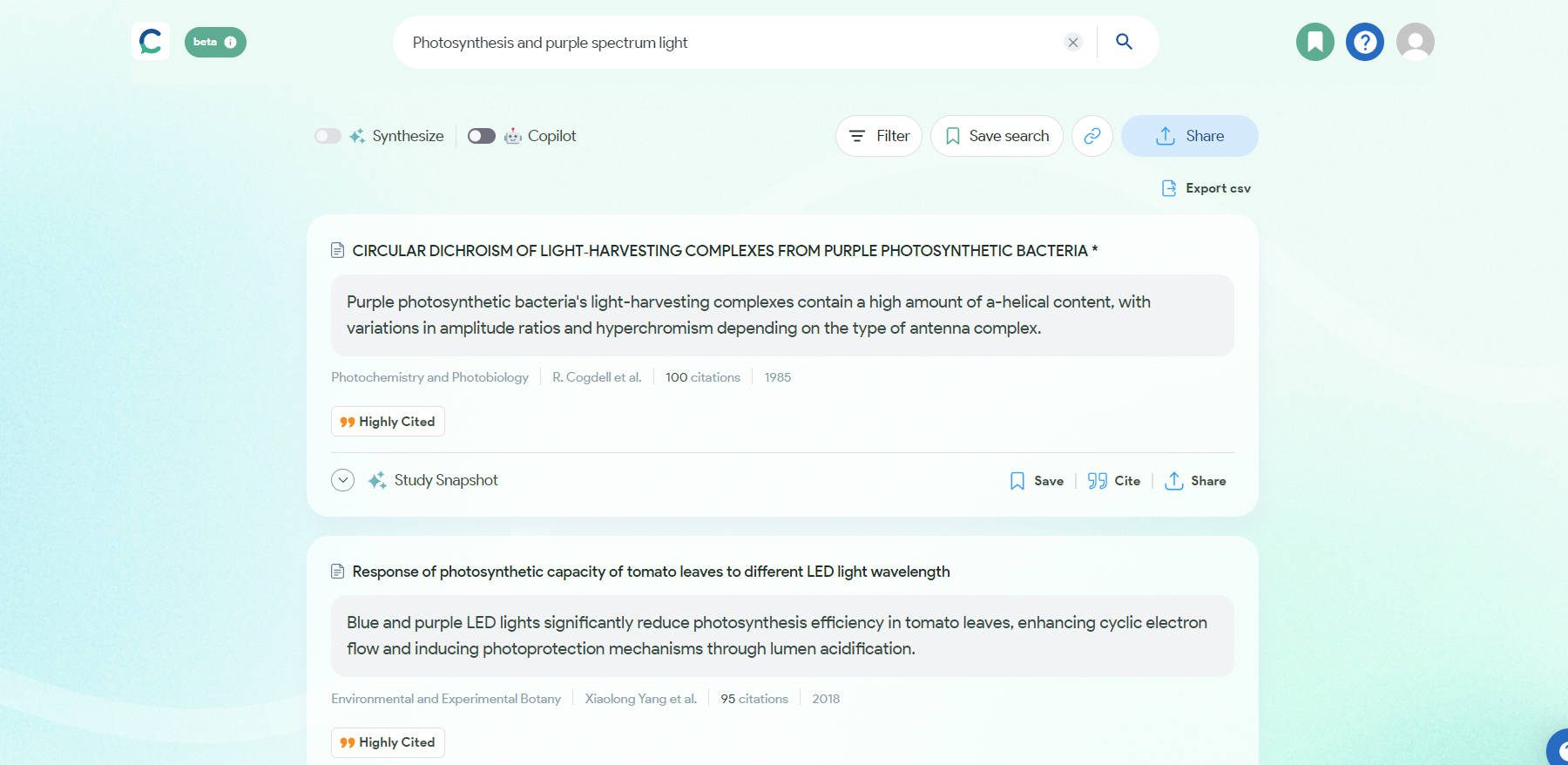 Consensus AI Chatbot - Academic Search Result Page