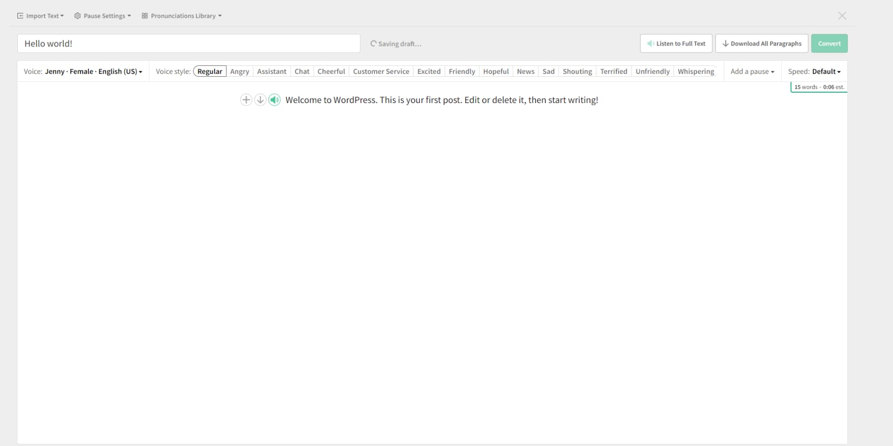 A screenshot of PlayHT's WordPress plugin's user interface