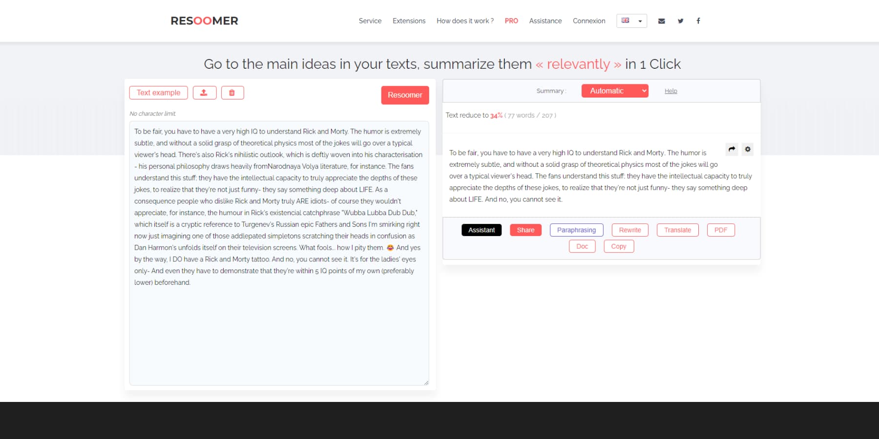 A screenshot of Resoomer's user interface