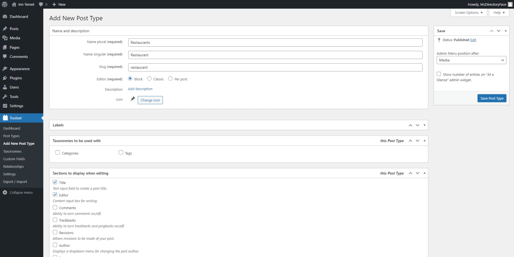 A screenshot of Toolset's user interface