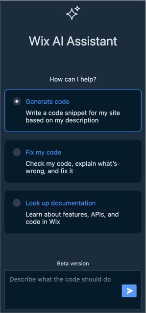 Wix AI assistant requesting an action to generate or edit code.