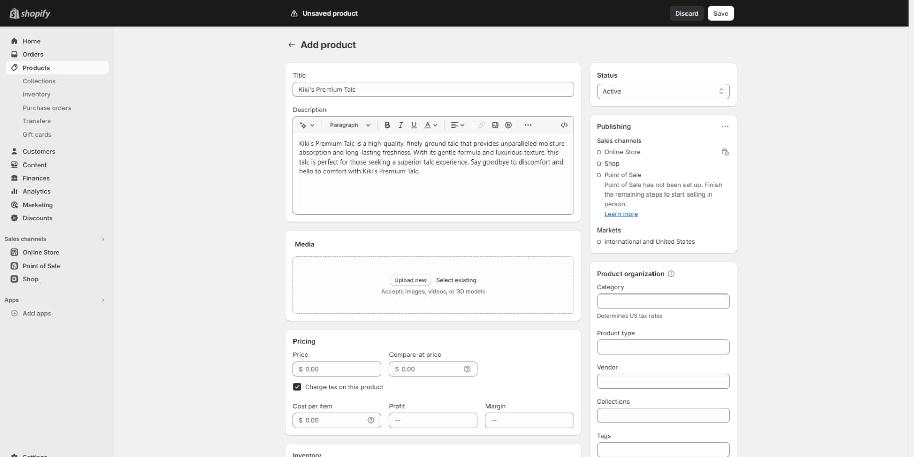 A screenshot of Shopify's product area
