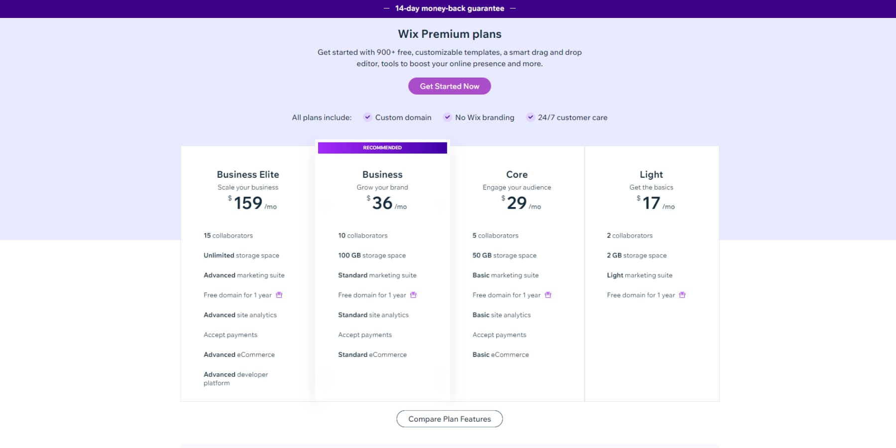 A screenshot of Wix's Pricing