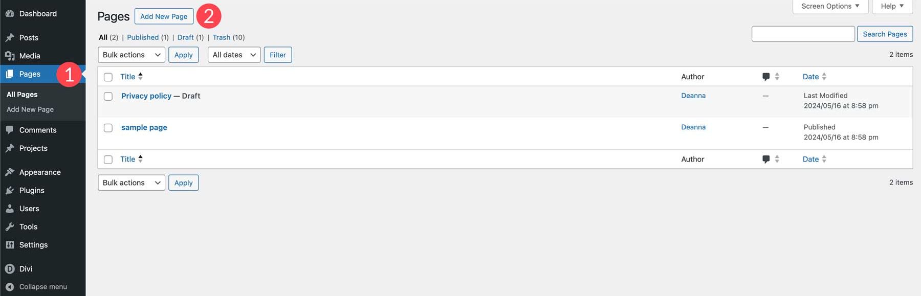 create WordPress page structure