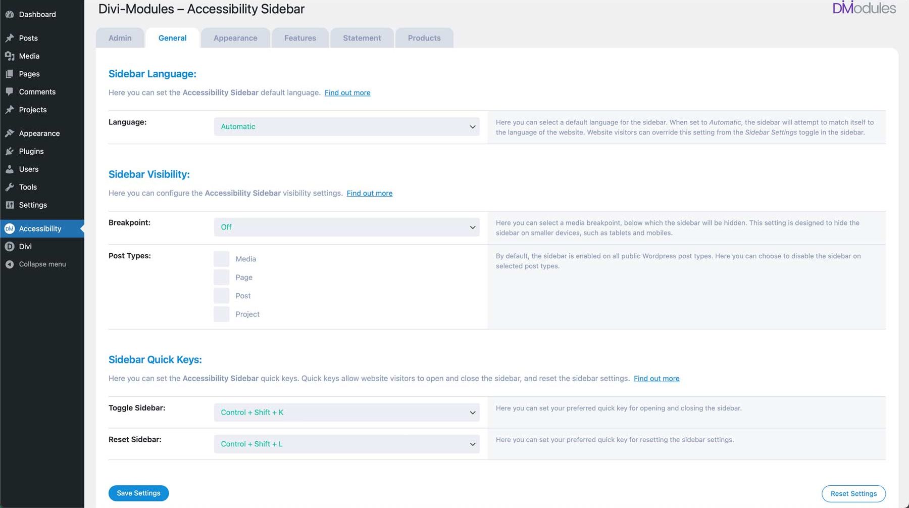 Accessibility Sidebar generat settings