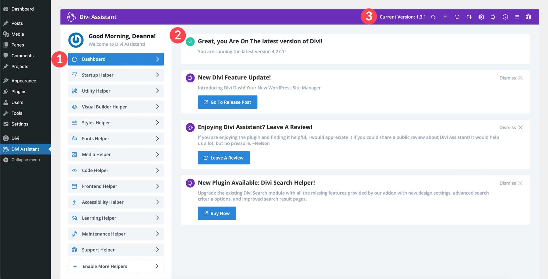 Divi Assistant dashboard