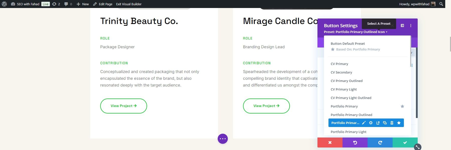 divi portfolio button preset pencil icon