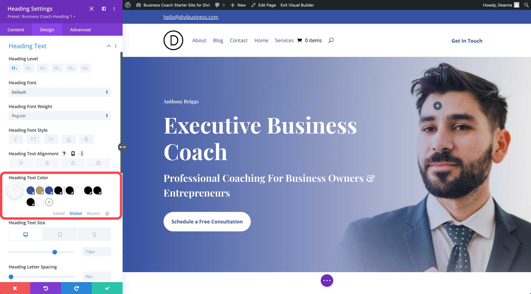 business coach starter site for Divi