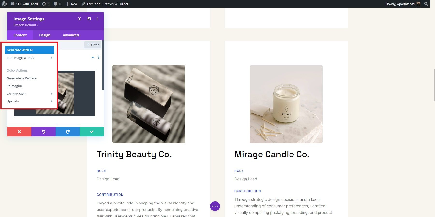 porfolio generate with ai image settings
