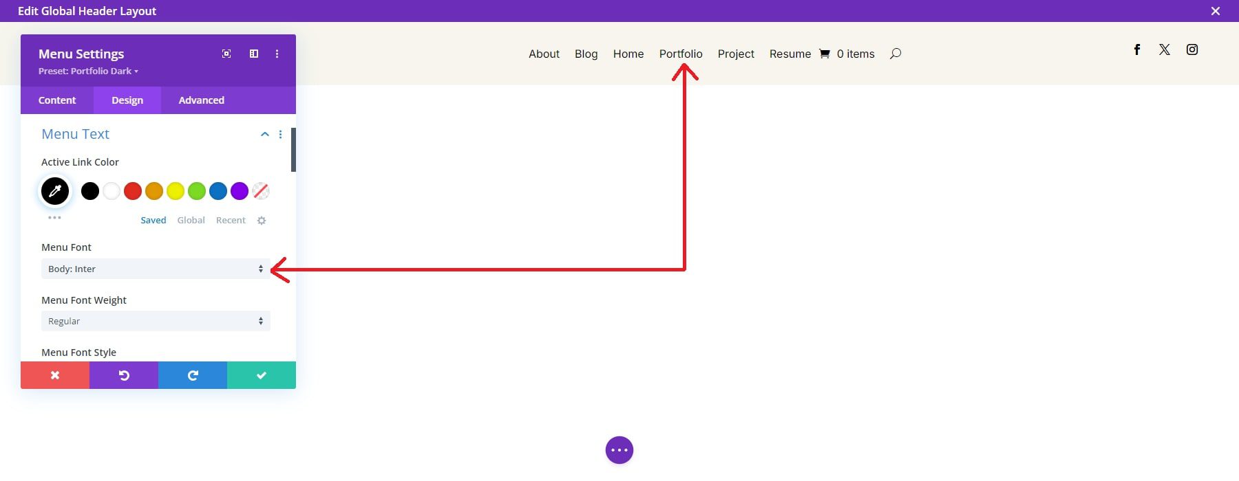 portfolio global header menu settings
