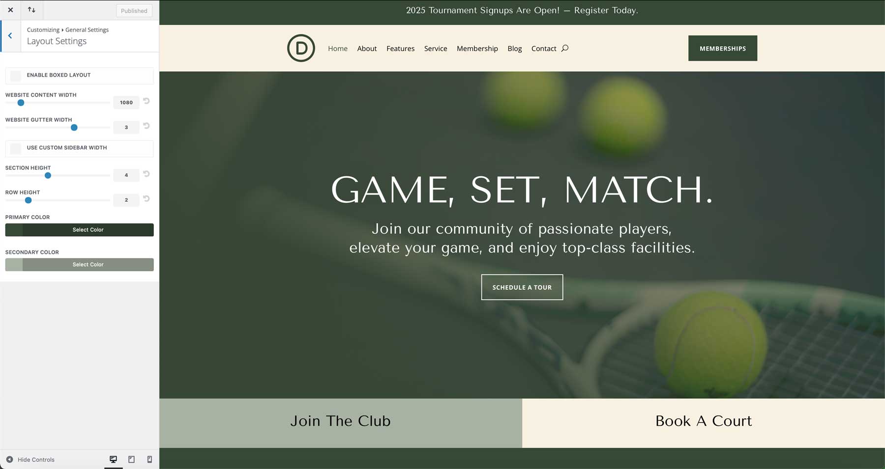 tennis club starter site for Divi