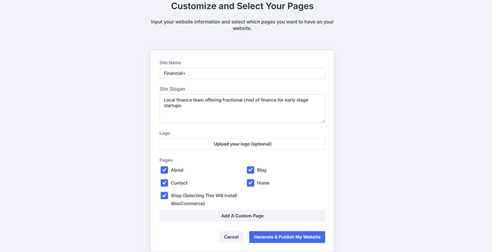 Starter Site Customize Page
