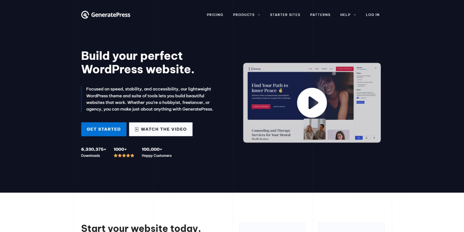 A screenshot of GeneratePress' homepage