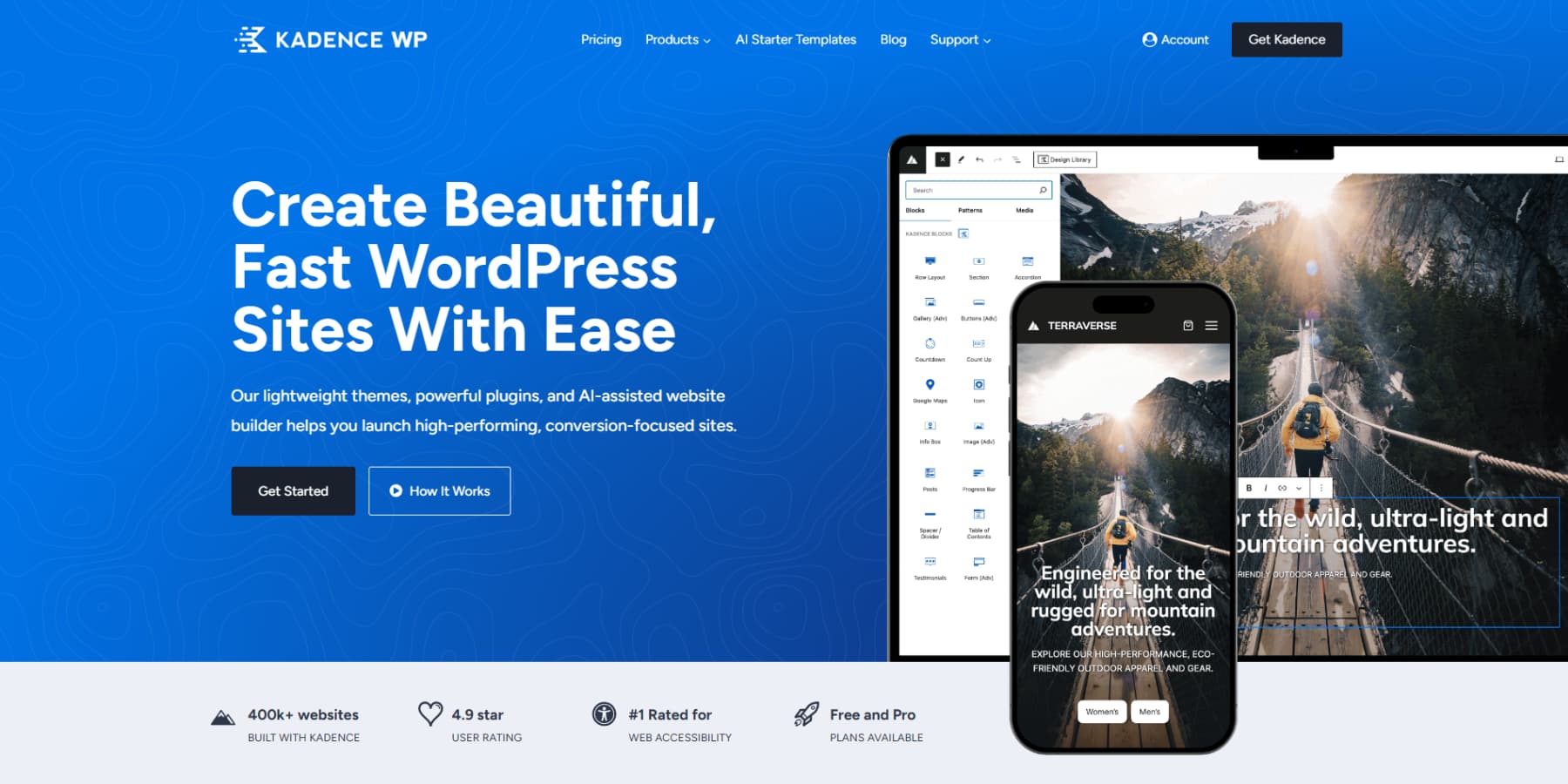 A screenshot of KadenceWP's homepage