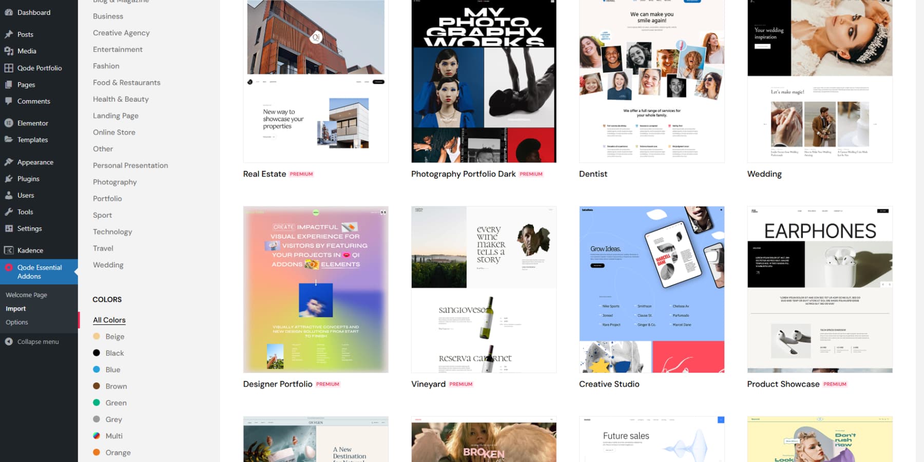 A screenshot of Qi Theme's templates