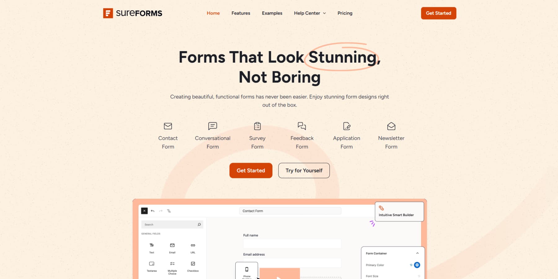 A screenshot of SureForms' homepage