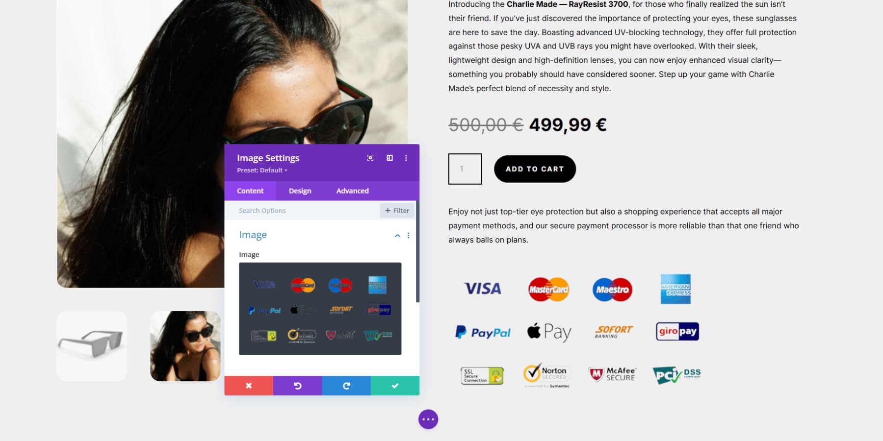 A screenshot of how someone can add trust signals on various parts of a website using Divi