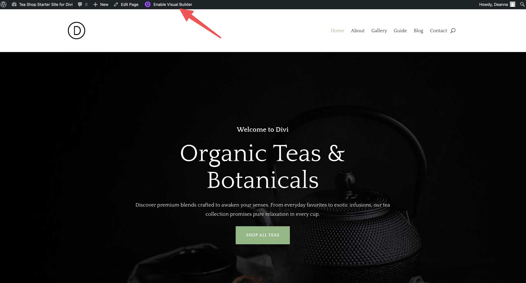 tea shop starter site for divi