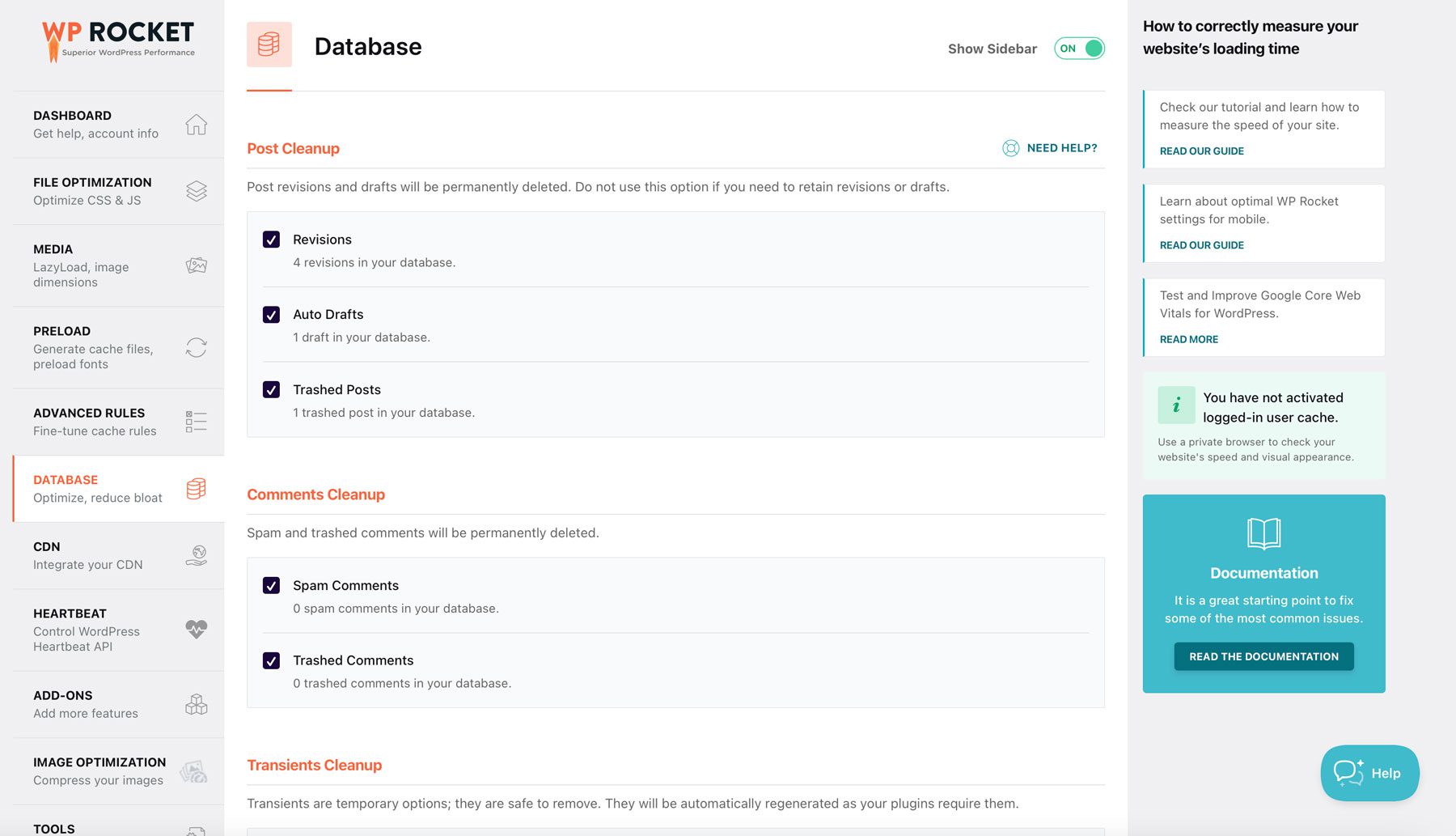 WP Rocket database cleaner