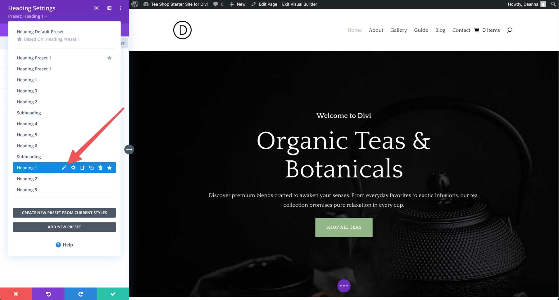 tea shop starter site for divi