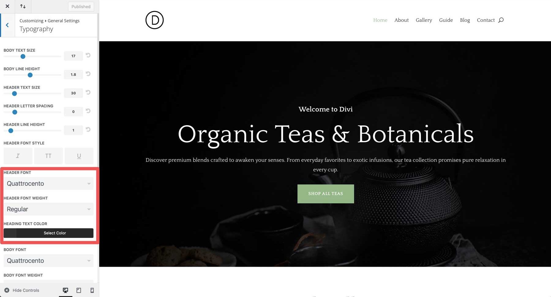 tea shop starter site for divi